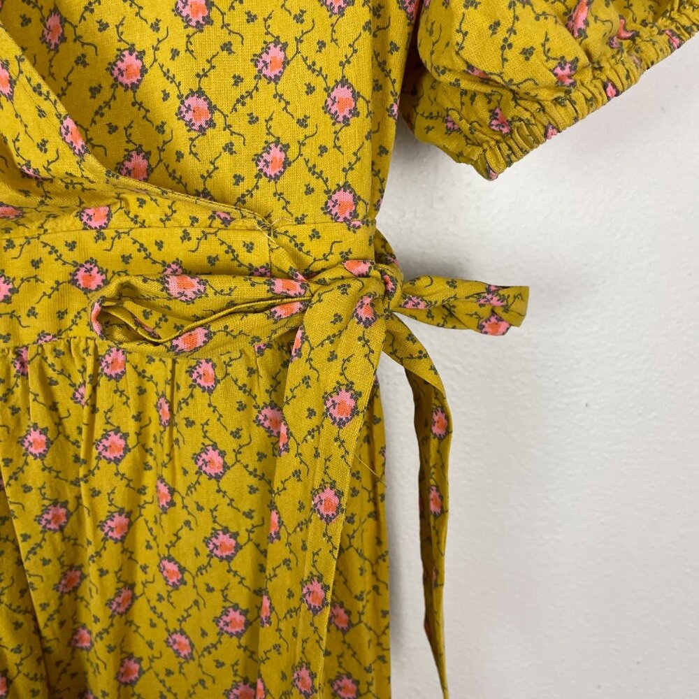 Frnch Paris Yellow Floral Wrap Midi Dress S V-Neck Puff Sleeves Cinch Waist Tie - Picture 6 of 10